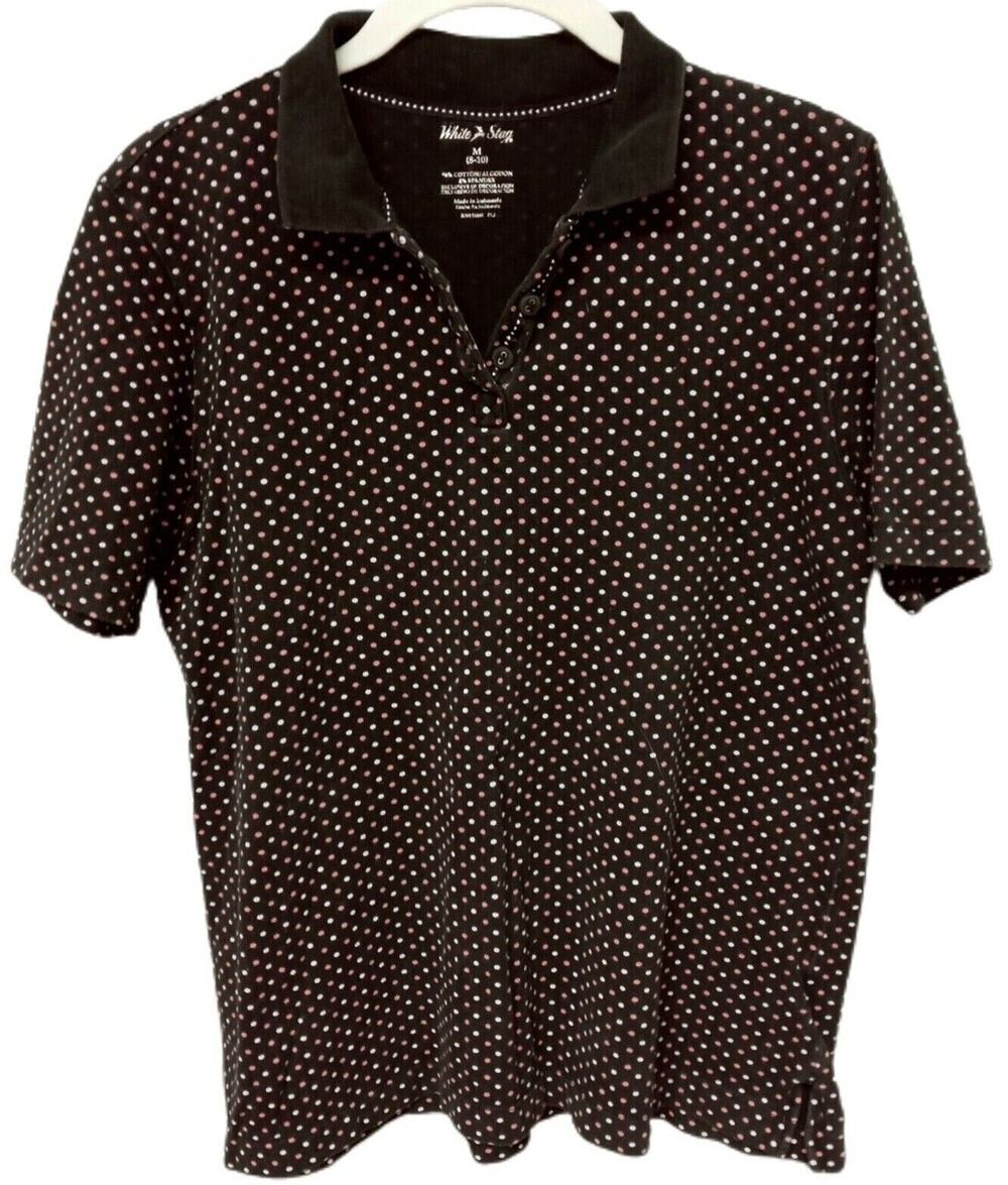 ⚫🩷Womens Polka Dot Black Pink Polo M 8-10 Short Sleeve White Stag